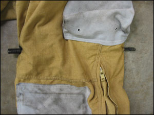 The strut is shown in the position as it impaled in Firefighter Hill's thigh. The entry and exit points are in the thigh area, above the knee.