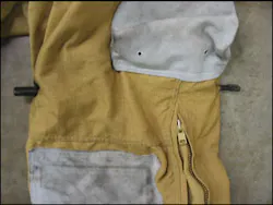 The strut is shown in the position as it impaled in Firefighter Hill's thigh. The entry and exit points are in the thigh area, above the knee. The strut is shown in the position as it impaled in Firefighter Hill's thigh. The entry and exit points are in the thigh area, above the knee.