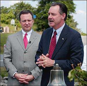 In this photo provided by FEMA, U.S. Fire Administrator R. David Paulison, right, speaks to firefighters while FEMA director Michael D. Brown listens during a ceremony honoring firefighters on National Stand Down Day for Firefighter Safety and Health at Loudoun County Fire Rescue Ashburn, Va. , on June 21, 2005. Brown resigned Monday, Sept. 12, 2005, three days after losing his onsite command of the Hurricane Katrina relief effort. The White House picked Paulison as his replacement.