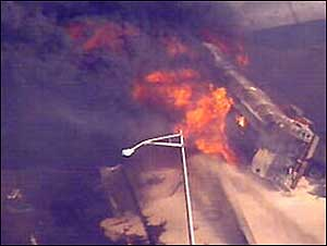 (New York -WABC, October 4, 2005) - Two tanker trucks collided at Hunts Point Avenue and Bruckner Blvd. right under the Bruckner Expressway in the Bronx.