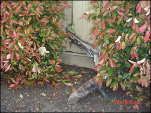 The 50-pound bumper and the strut piston unit impaled in a fence that was along the right side of the vehicle. The bumper stopped approximately 20 feet from the front of the burning Volvo.