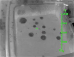 Materials that float or stay on the surface beneath them can be identified and tracked with a thermal imager. Here, oil on water is easy to identify by the temperature differences. Note that materials miscible with water will not be traceable with the TI. Materials that float or stay on the surface beneath them can be identified and tracked with a thermal imager. Here, oil on water is easy to identify by the temperature differences. Note that materials miscible with water will not be traceable with the TI.