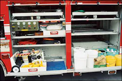 An air compressor on Hazmat 1 with an air supply cart, lower left, is used with portable air tools and other equipment. An air compressor on Hazmat 1 with an air supply cart, lower left, is used with portable air tools and other equipment.