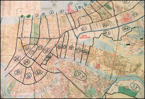 Grid sections drawn on a map of New Orleans show where teams conducted hazardous materials sweeps of the city.