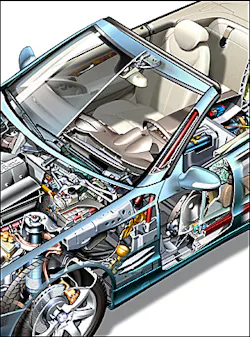 This closeup of the A-pillar that show this structural member contains an inner, rod-shaped assembly made ultra high-strength Boron metal. This closeup of the A-pillar that show this structural member contains an inner, rod-shaped assembly made ultra high-strength Boron metal.