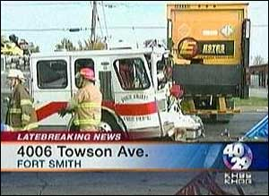 Officials said the fire crew was responding to a call at a restaurant when the unit was hit by a semi.