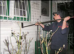 firefighter uses the homemade window bar forcible entry tool designed by FDNY Ladder 126. firefighter uses the homemade window bar forcible entry tool designed by FDNY Ladder 126.