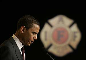 Democratic Presidential hopeful Sen. Barack Obama, D- Ill. addresses the IAFF Bipartisan 2008 Presidential Forum in Washington, March 14.