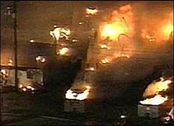 Columns of flames shot high into the air and smoke covered the sky. Columns of flames shot high into the air and smoke covered the sky.