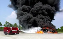 A UHP P-19 truck extinguishes a fire during testing July 15 at Tyndall Air Force Base, Fla. Air Force Research Laboratory scientists developed ultra high pressure firefighting technology that yields greater fire fighting capability from smaller, light-weight vehicles. Starting in fiscal 2008, these new trucks can be deployed in sets of two on a C-130 Hercules, whereas the former fire trucks could only be carried one at a time aboard the aircraft. A UHP P-19 truck extinguishes a fire during testing July 15 at Tyndall Air Force Base, Fla. Air Force Research Laboratory scientists developed ultra high pressure firefighting technology that yields greater fire fighting capability from smaller, light-weight vehicles. Starting in fiscal 2008, these new trucks can be deployed in sets of two on a C-130 Hercules, whereas the former fire trucks could only be carried one at a time aboard the aircraft.