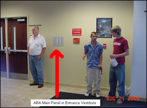 The code requires a communications console, which is located in the main lobby of this building.