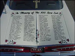 The trunk bears the names of the fire victims. The trunk bears the names of the fire victims.