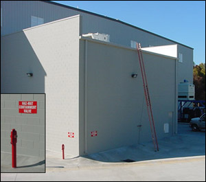 Many facilities are equipped with hazardous materials containment products. The main photo shows a sump area and the inset photo depicts a control valve.