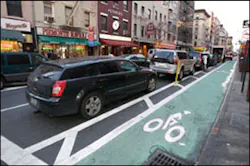 The addition of this wide bike path on Grand Street is making it difficult for fire trucks to turn corners in Little Italy. The addition of this wide bike path on Grand Street is making it difficult for fire trucks to turn corners in Little Italy.