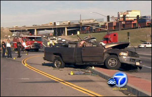 A Riverside County fire truck and a pickup truck collided Wednesday morning in Mira Loma, killing the woman driving the pickup.