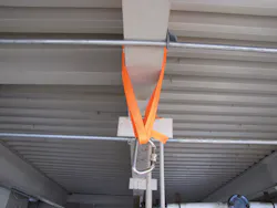 Figure 1: A single point anchor system utilizing one-inch tubular webbing around an I-beam. Figure 1: A single point anchor system utilizing one-inch tubular webbing around an I-beam.