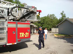 Photo 1. Johnson County, KS, Consolidated Fire District Truck 21 is equipped with wired headsets with a receptacle at the rear of the apparatus. Photo 1. Johnson County, KS, Consolidated Fire District Truck 21 is equipped with wired headsets with a receptacle at the rear of the apparatus.