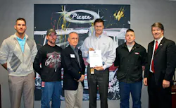 (Left to right) Aaron Ferge and Ken Behrent, Wisconsin National Guard and Reserve members and Pierce employees; LeRoy Frahm, Ombudsman, Wisconsin Committee for ESGR; Jim Johnson, President, Pierce Manufacturing; Bryan Waters, Wisconsin National Guard and Reserve members and Pierce employee; and Jeff Unger, Transition Assistance Advisor for State of Wisconsin, Dept. of Military Affairs. (Left to right) Aaron Ferge and Ken Behrent, Wisconsin National Guard and Reserve members and Pierce employees; LeRoy Frahm, Ombudsman, Wisconsin Committee for ESGR; Jim Johnson, President, Pierce Manufacturing; Bryan Waters, Wisconsin National Guard and Reserve members and Pierce employee; and Jeff Unger, Transition Assistance Advisor for State of Wisconsin, Dept. of Military Affairs.