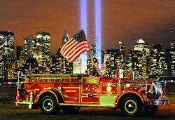 Engine 343 is pictured in front of the Tribute in Lights memorial at Ground Zero on September 10, 2010. Photo by Butch Moran Engine 343 is pictured in front of the Tribute in Lights memorial at Ground Zero on September 10, 2010. Photo by Butch Moran