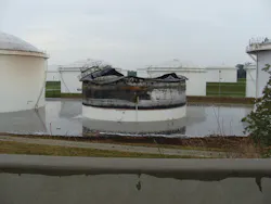 Tank 819 was 40% full at the time of the lightning strike. Two million gallons of fire water stood in the dike area and had to be treated before it could be released. The tank to the left sustained minor exposure damage; only one geodesic dome panel and plastic gauging equipment had to be replaced. The exposures were 50 feet from the fire tank. Tank 819 was 40% full at the time of the lightning strike. Two million gallons of fire water stood in the dike area and had to be treated before it could be released. The tank to the left sustained minor exposure damage; only one geodesic dome panel and plastic gauging equipment had to be replaced. The exposures were 50 feet from the fire tank.