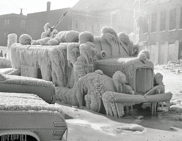 The frozen fire engine. Engine 7&rsquo;s Mack hose wagon after the Plant Shoe Fire.