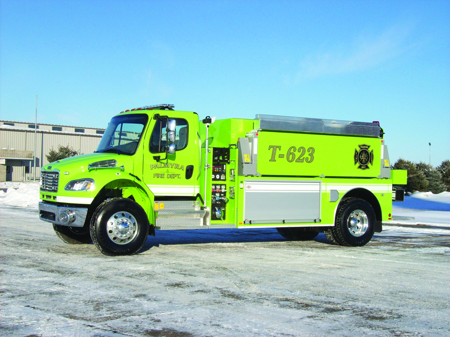 THE PALMYRA, MO, VOLUNTEER FIRE DEPARTMENT has taken delivery of a Danko tanker built on a Freightliner M2 106 chassis and powered by a 330-hp Cummins ISC engine. Components include a 2,000-gallon tank, 500-gpm Waterous pump, three-way rear manifold dumping system and Whelen LED lighting. Indicate 2XX on the Reader Service Card.