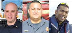 From left to right: Firefighters George Flanagan, James Jiron and Bino Harris. From left to right: Firefighters George Flanagan, James Jiron and Bino Harris.