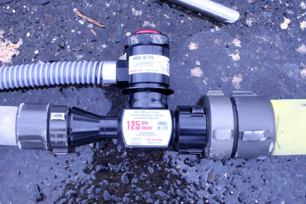 This in line eductor has an inlet pressure of 200 PSI. Depending on the location of the fire, it can be brought a significant distance from the engine.