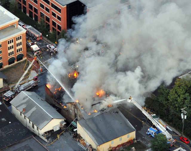 Aerial photo of the fireground taken from the C/D corner shows Citizens Truck Company Truck 41 operating a master stream on the A side and Walkersville Fire Company Quint 11 operating from the B/C corner.