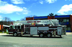 THE ARDSLEY, NY, FIRE DEPARTMENT has placed in service a Smeal 105-foot aerial built on a Spartan Gladiator chassis powered by a 525-hp Caterpillar C-13 engine. Features include a 2,000-gpm Hale Qmax pump, 450-gallon UPF poly tank, Akron monitor and Robinson roll-up doors. THE ARDSLEY, NY, FIRE DEPARTMENT has placed in service a Smeal 105-foot aerial built on a Spartan Gladiator chassis powered by a 525-hp Caterpillar C-13 engine. Features include a 2,000-gpm Hale Qmax pump, 450-gallon UPF poly tank, Akron monitor and Robinson roll-up doors.