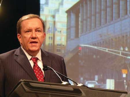 NFPA President James M. Shannon speaks at the opening ceremonies of the group's annual conference in Boston on June 12.