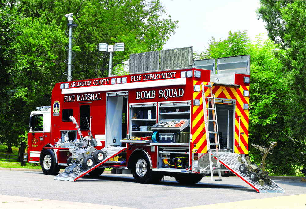 THE ARLINGTON COUNTY, VA, FIRE DEPARTMENT, on behalf of the Metropolitan Washington Council of Governments, recently took delivery of six Rosenbauer bomb squad vehicles purchased under a federal Urban Area Security Initiative (UASI) grant. Receiving units are the Arlington County, VA, Prince George&rsquo;s County, MD, and Montgomery County, MD, fire departments; Metro Transit Police; Virginia State Police; and Loudoun County, VA. Each 27-foot vehicle is mounted on a Spartan Metro Star ER chassis and features an interior command center, 20-kilowatt generator, 6,000-watt light tower and a camera mounted on a 25-foot telescoping mast.