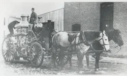 This 1889 photo shows a Baltimore City, MD, Fire Department LaFrance steamer. Note the saddle on the horse in the foreground – before seats were installed on apparatus, the hostler (a groom or stableman) rode to fires on one of the horses. This 1889 photo shows a Baltimore City, MD, Fire Department LaFrance steamer. Note the saddle on the horse in the foreground – before seats were installed on apparatus, the hostler (a groom or stableman) rode to fires on one of the horses.