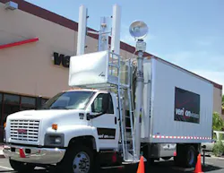 A Verizon Wireless Cell on Light Truck (COLT) that features a cell tower system built into the vehicle. A Verizon Wireless Cell on Light Truck (COLT) that features a cell tower system built into the vehicle.