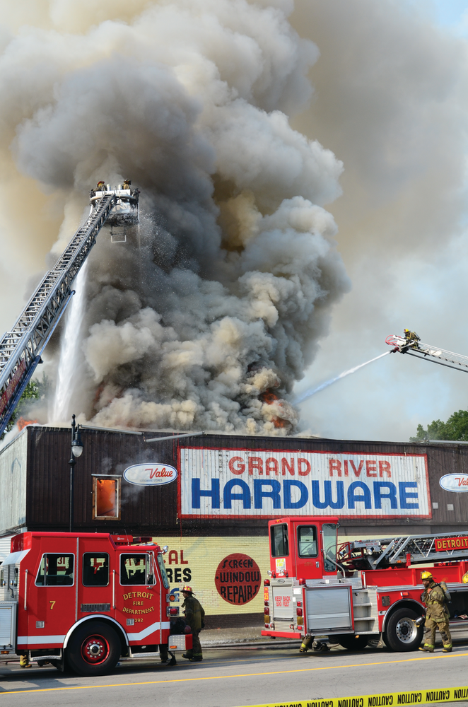 DETROIT, MI, AUG. 26, 2011 &ndash; Companies from the Fourth Battalion responded to a reported commercial building fire. Ladder 25 reported an occupied one-story hardware store with heavy fire in the rear. Chief 4 assumed incident command and requested a Hazmat Level 1 response due to paint and other chemicals in the building Chief 4 then ordered all companies to stay out of the building and requested a second alarm. The senior chief, after conducting a size-up, ordered all companies to a defensive mode and requested a third alarm. The fire was fought in defensive mode using one platform, one water tower and several handlines and was brought under control after more than two hours.