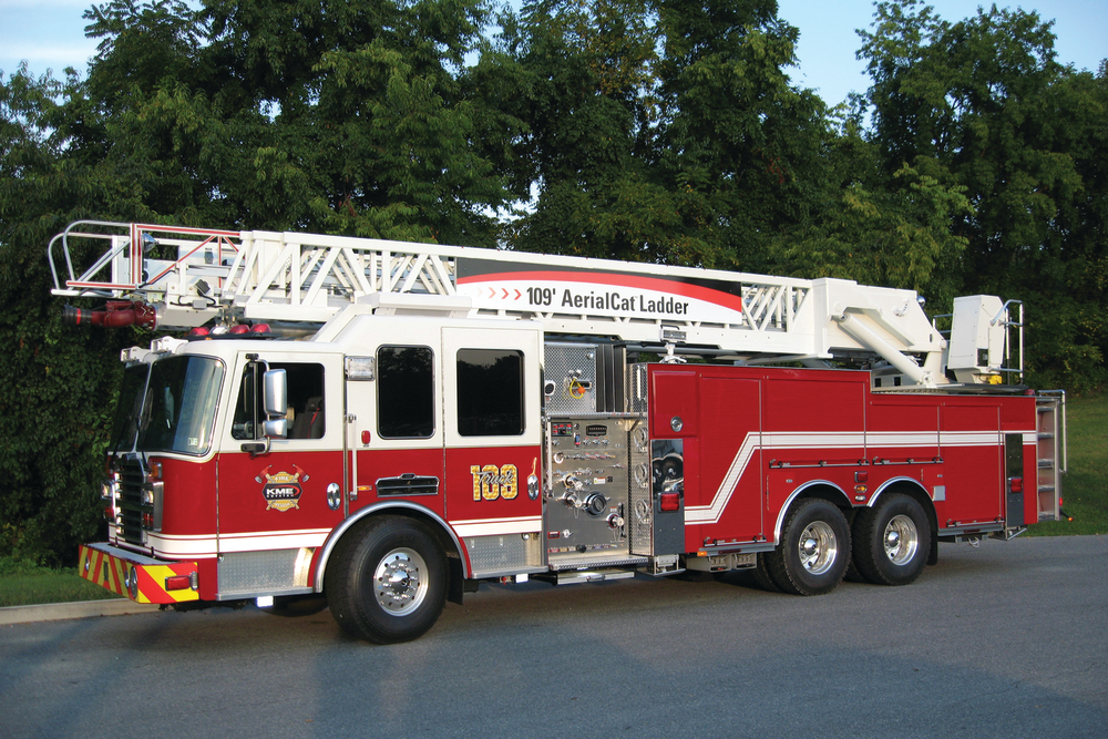 KME has introduced the 109-foot AerialCat rearmount ladder, the newest addition to the steel-ladder line that includes the 79-foot, 100-foot, 103-foot and 121-foot AerialCat apparatus. Mounted on a KME Predator tandem-rear-axle chassis with a 500-hp engine, the ladder is available with an unrestricted 750-pound tip load dry and a 500-pound tip load while flowing 1,500 gpm. The KME ladder is constructed of 100,000-psi steel and engineered with a 2:1 structural safety factor based on a 750-pound NFPA 1901-rated tip load. With the elevation range of &ndash;8 to +80 degrees and a &ldquo;Store Front Blitz&rdquo; monitor, firefighters can perform interior attacks with just the ladder and monitor. In addition, the new apparatus is easy to maneuver with a short wheelbase and 16-foot outrigger stance.