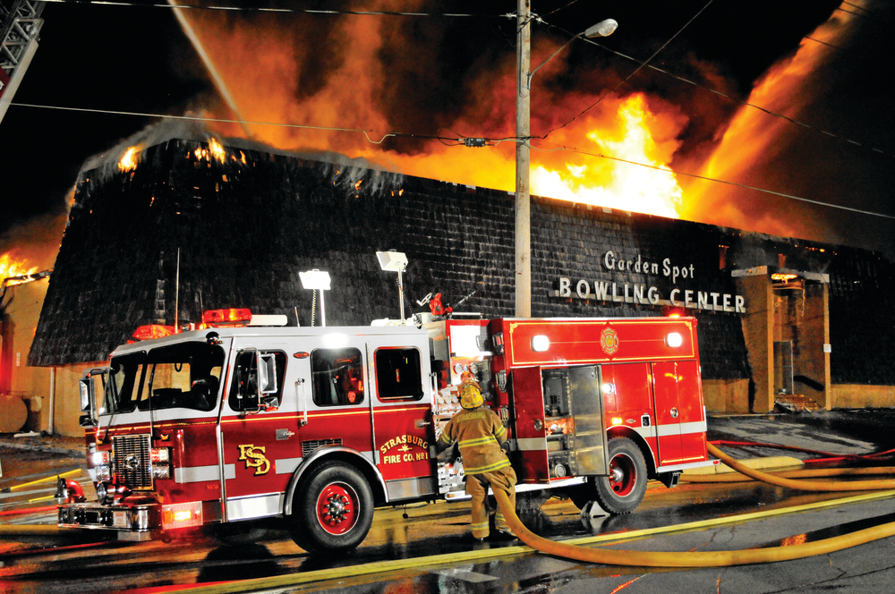 Strasburg Fire Company Engine 5-10-2 pumps water to Truck 5-10 and several handlines at the Garden Spot Bowling Center fire.