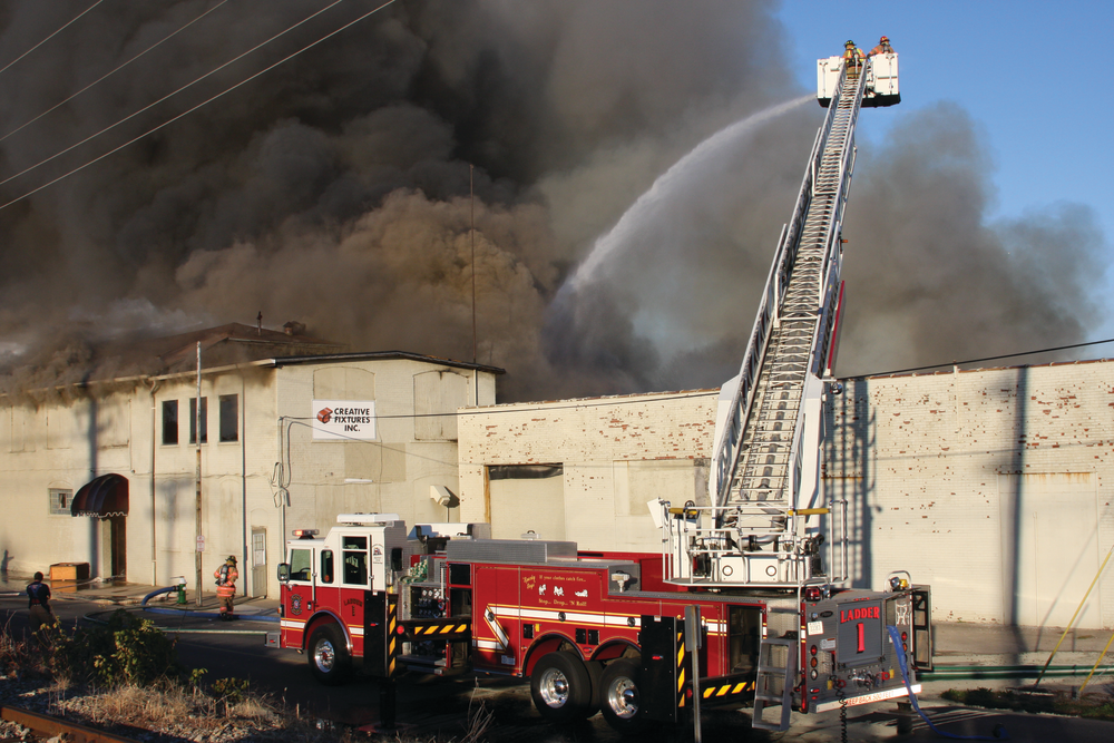 Multiple master streams and handlines were used to control the fire.