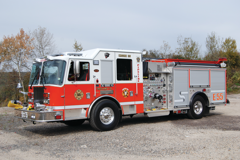 The Freeland, PA, Fire Department placed this 2011 KME 2,000-gpm pumper into service equipped with front intake, discharge and scene lighting around the perimeter of the unit.