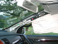 The location of stored gas inflators for roof airbag systems may complicate efforts to cut through an A-pillar. When flapping the roof forward, the A-pillar remains intact. Photo by Ron Moore The location of stored gas inflators for roof airbag systems may complicate efforts to cut through an A-pillar. When flapping the roof forward, the A-pillar remains intact. Photo by Ron Moore