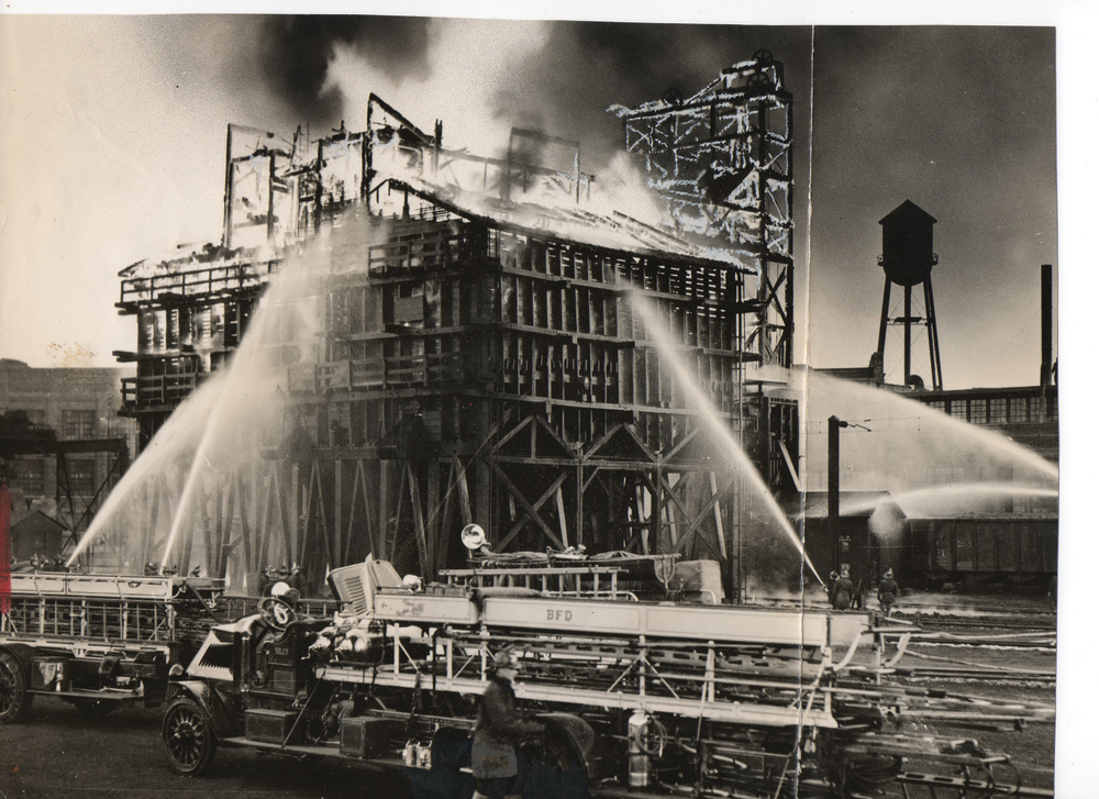 A five-alarm fire broke out in a 60-foot-high coal tipple containing 300 tons of coal at the Pennsylvania Railroad's Orangeville Yard in Baltimore, MD, on Feb. 23, 1936.
