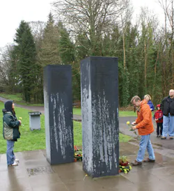 First responders place yellow roses at the 9/11 memorial in County Kildare, Ireland. First responders place yellow roses at the 9/11 memorial in County Kildare, Ireland.