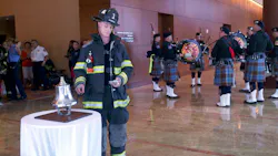 A firefighter rings the bell as he begins the annual National Fallen Firefighters Foundation stair climb at Firehouse Expo. A firefighter rings the bell as he begins the annual National Fallen Firefighters Foundation stair climb at Firehouse Expo.