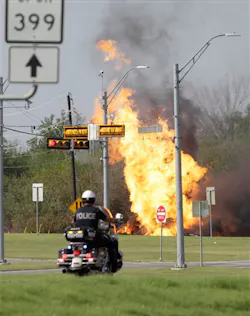 A gas line burns after it exploded on a construction site in McKinney, Texas on Aug. 28. A gas line burns after it exploded on a construction site in McKinney, Texas on Aug. 28.