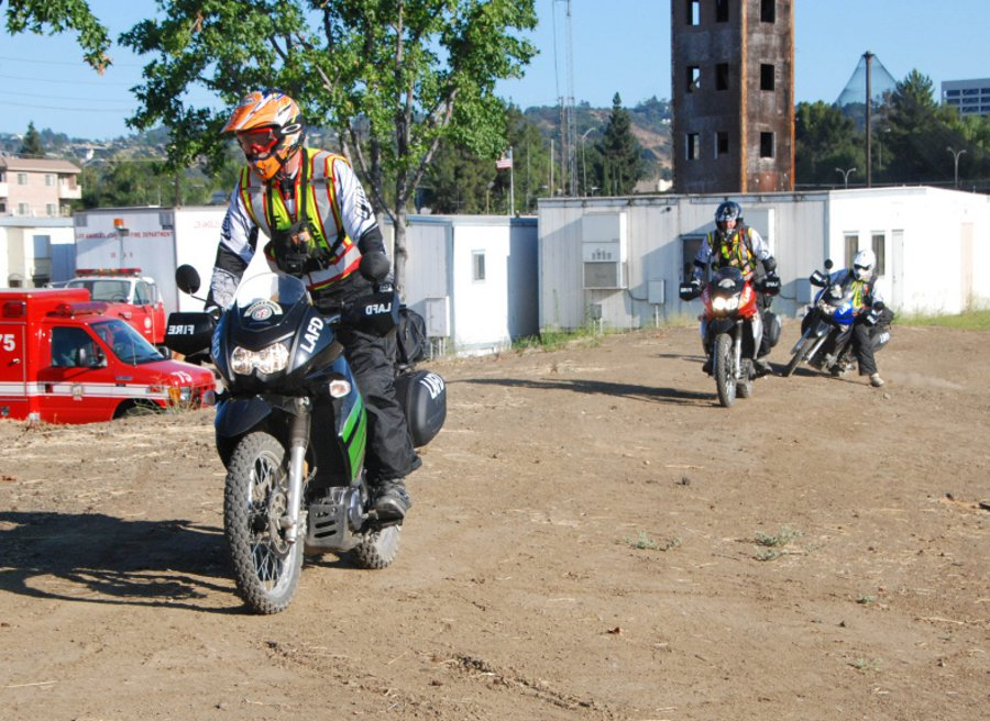 LAFD firefighters test out motorcycles on July 15, 2011 to use during the I-405 closure.