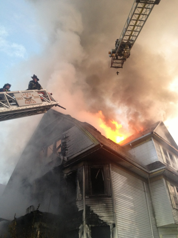 A raging five-alarm inferno at a Boston apartment house put six people in the hospital on Oct. 27.