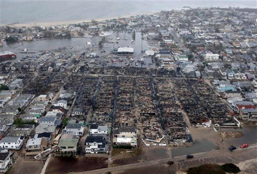 This aerial photo shows burned-out homes in the Breezy Point section of the Queens borough New York after a fire on Oct. 30.
