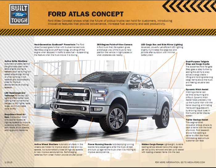 The Ford Atlas Concept design that will feature fuel efficiency and smart technologies. Click on the infographic link in the story to see a more detailed image.