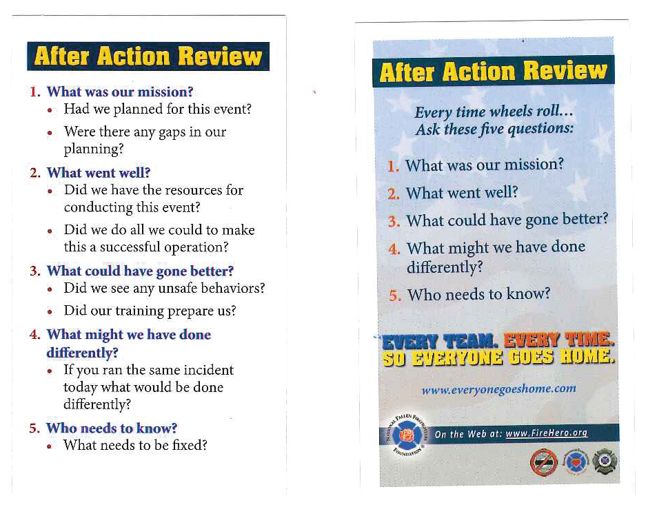 The National Fallen Firefighters Foundation proposes that every emergency response unit conduct an After Action Review following every response.