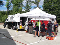 The Durham, NC, Fire and Police departments often work together at hazardous materials incidents. The Durham, NC, Fire and Police departments often work together at hazardous materials incidents.